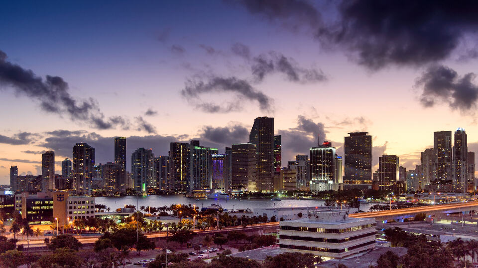 City skyline at dusk